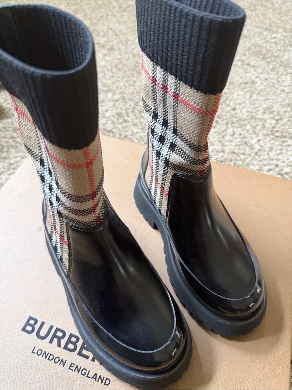 Burberry Black Gloss Rubber Chelsea Boots with Beige Plaid Knit Shaft